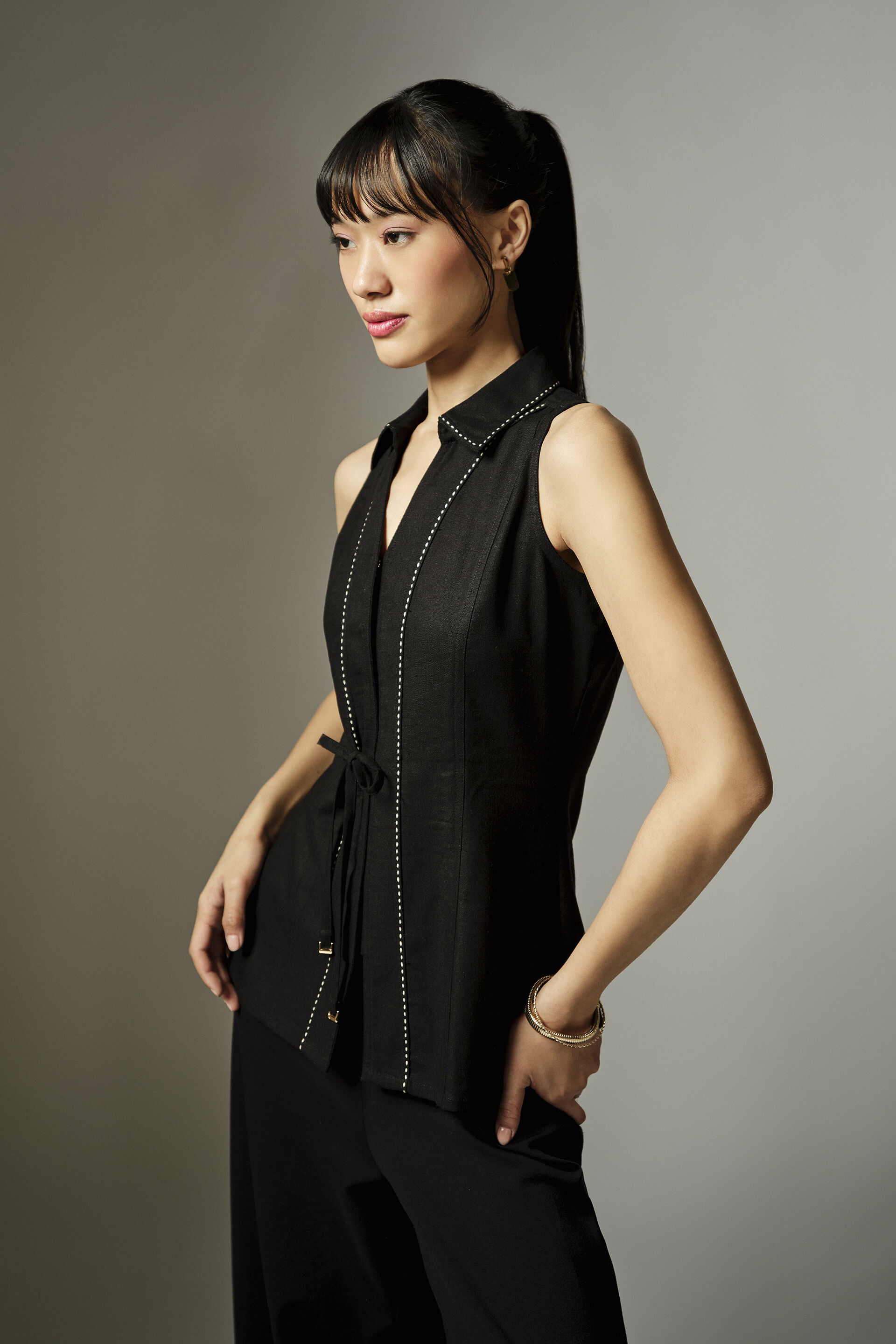 Raya Black Collared Top, Black, image 4